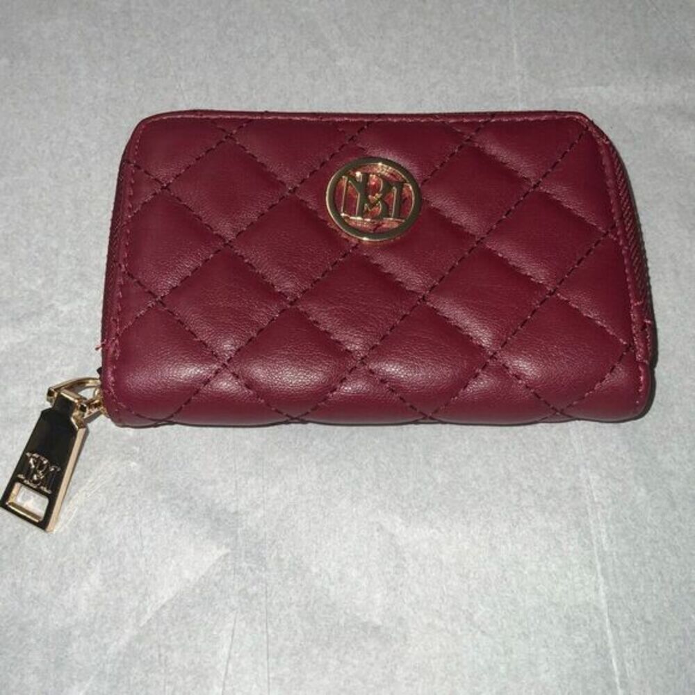 Badgley Mischka Quilted Zip Wallet Burgundy Gold Tone